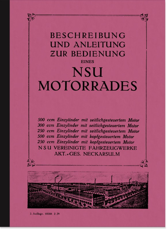 NSU single cylinder models (250, 300 and 500 cc) SV OHV operating manual operating manual operating