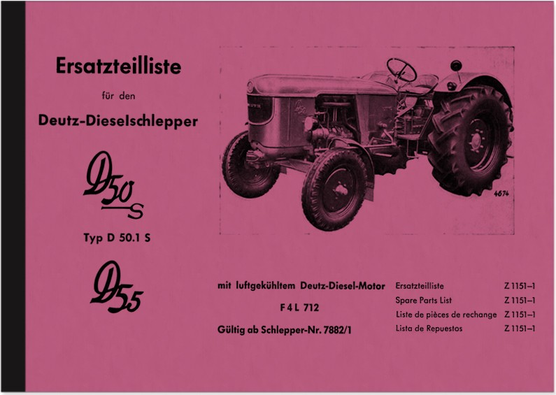Deutz D 50 S Type D 50.1 S D 55 Diesel tractor spare parts list spare parts catalog parts catalog pa