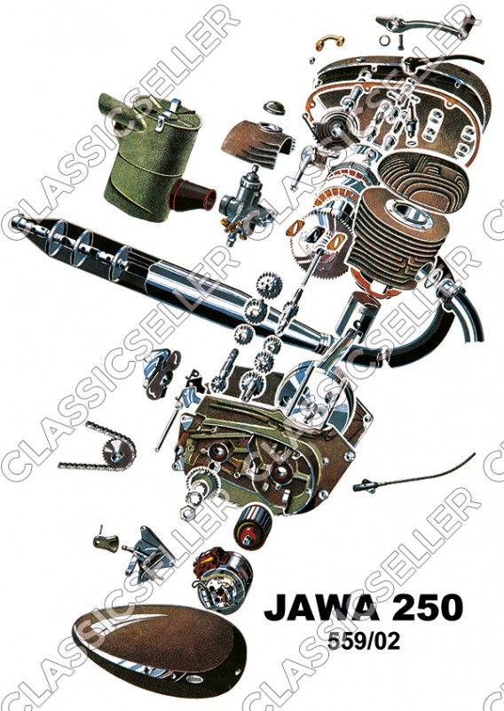 Jawa 250 Motorrad 559/02 Poster Plakat Bild Explosionszeichnung Motor Getriebe