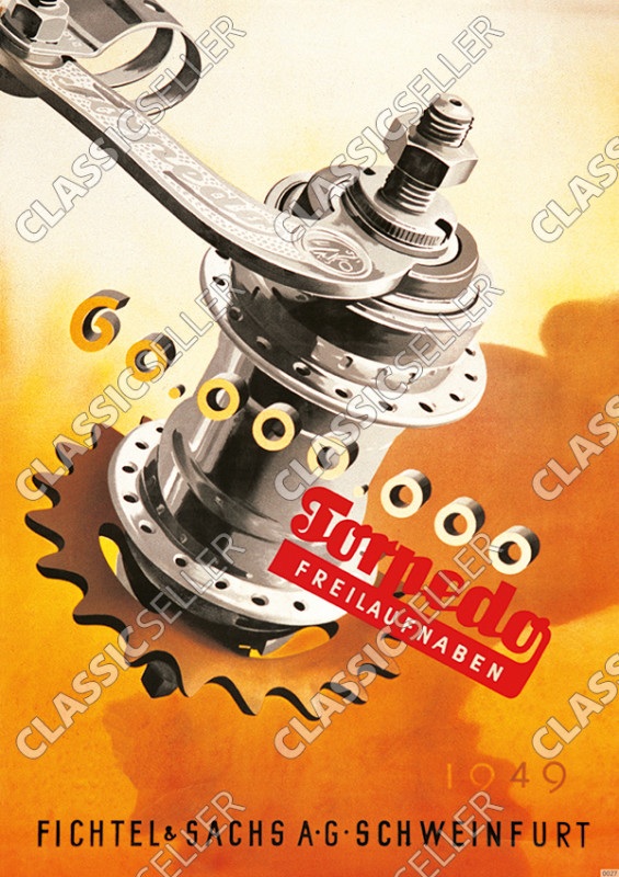 Fichtel und Sachs Torpedo Freilaufnaben 1949 Poster Plakat Bild Werbung Reklame