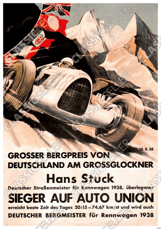 Auto Union Sieg "Großer Bergpreis von Deutschland am Grossglockner" Hans Stuck 1938 Poster Plakat