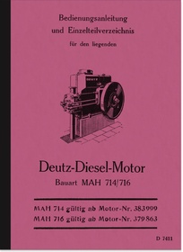 Deutz Diesel-Motor MAH 714 716 Bedienungsanleitung und Ersatzteilliste Handbuch