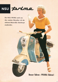 NSU Prima "Frau auf blau/weißen Roller" Poster