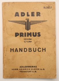 Adler Primus 1,5 and 1,7 liter passenger car original manual NR. 640/3 from 4/1935