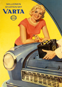 Varta Auto-Batterien Poster Plakat, Vintage Reklame/Werbung mit junger Frau