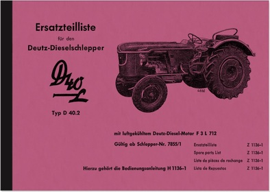 Deutz D 40 L D40L 40.2 Diesel tractor spare parts list spare parts catalog parts catalog