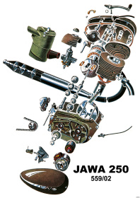 Jawa 250 Motorrad 559/02 Poster Plakat Bild Explosionszeichnung Motor Getriebe