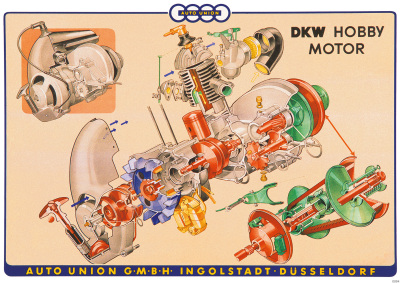 DKW Hobby Motorroller Roller Motor Poster Plakat Bild Explosionszeichnung Tafel