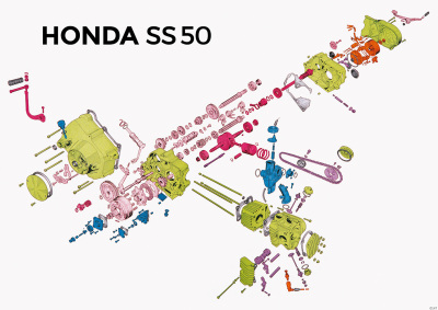 Honda SS 50 Schnittzeichnung Explosionszeichnung Motor Poster Plakat Bild