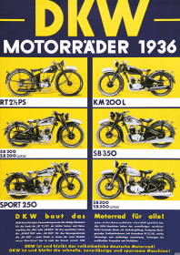 DKW "Motorräder 1936" RT 2,5 PS SB 200 350 500 Luxus 250 Sport KM 200 L Poster Plakat Bild