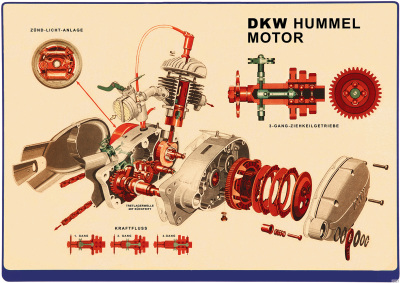 DKW Hummel engine sectional drawing exploded view moped Poster Picture