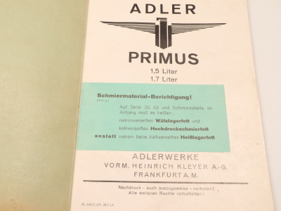 Adler Primus 1,5 und 1,7 Liter PKW Original Handbuch Bedienungsanleitung NR. 640/3 von 4/1935