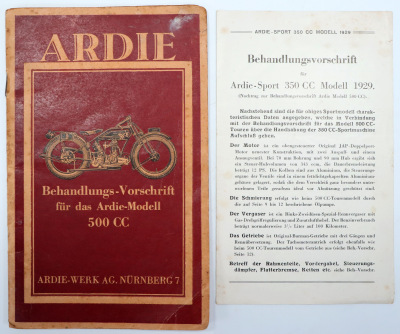 Ardie 500 und 350 cc Original Behandlungsvorschrift 1927/1929, Handbuch Bedienungsanleitung